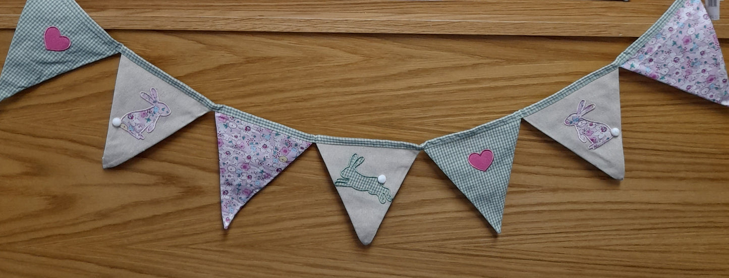 Bunting - Spring Ditsy Floral Fabric With Applique and Linen Flags