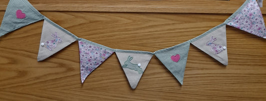 Bunting - Spring Ditsy Floral Fabric With Applique and Linen Flags