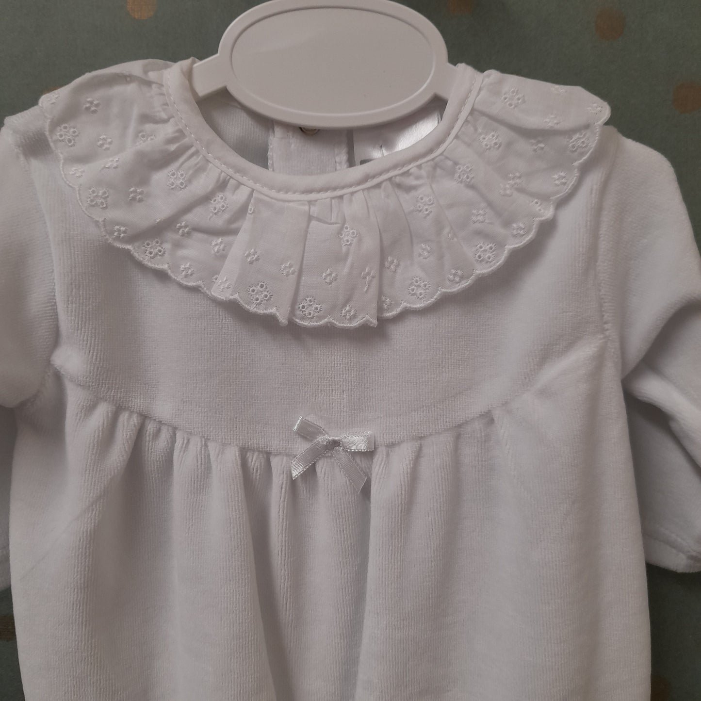 Babywear Velour Sleepsuit with Broderie Frill Collar, White