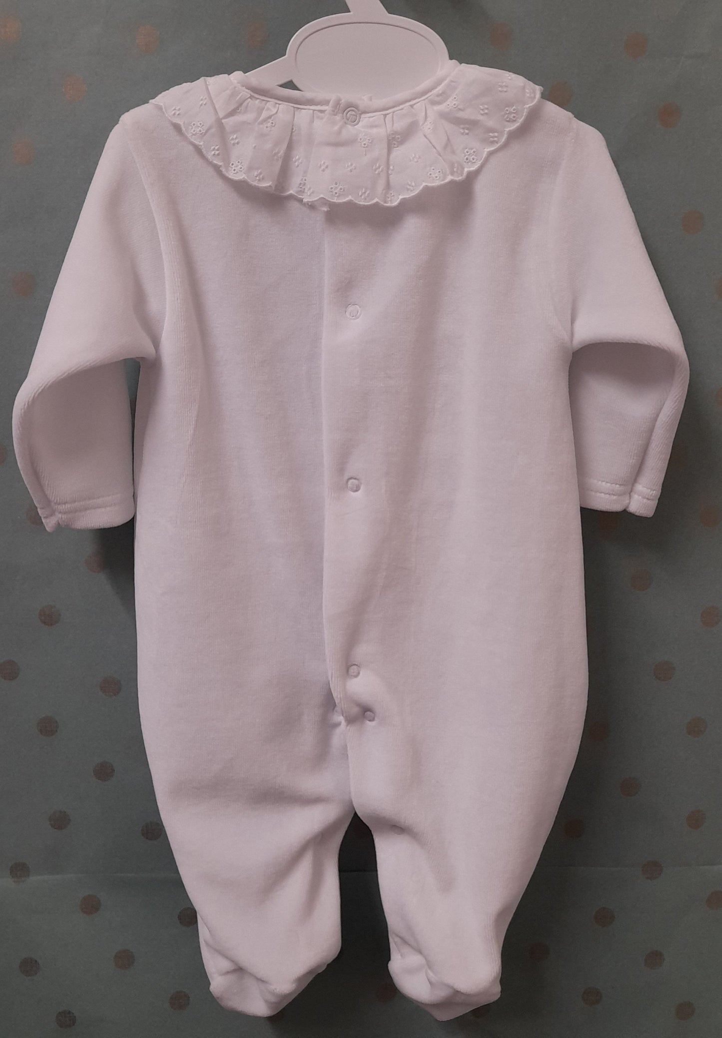Babywear Velour Sleepsuit with Broderie Frill Collar, White
