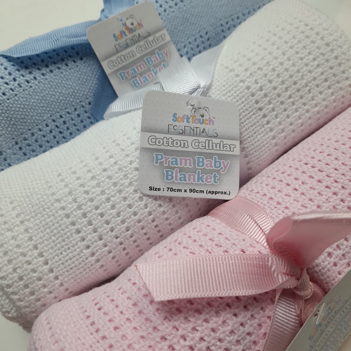 Baby Pram Blanket, Cotton Cellular, Pink, Blue or White, 70cm x 90cm