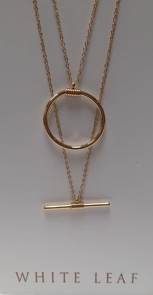 White Leaf Two Tier Circle and Bar Necklace in Gold