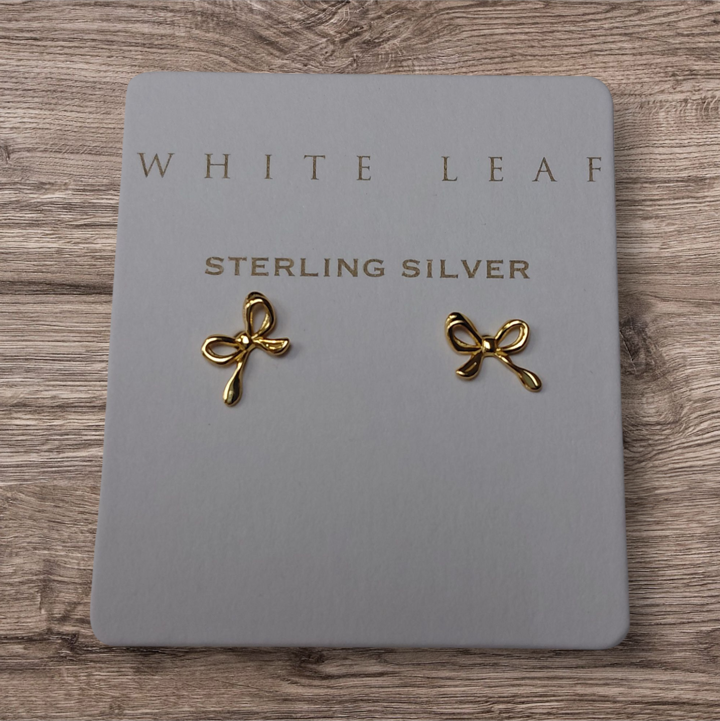 White Leaf Bow Earrings in Gold finished Sterling-Silver