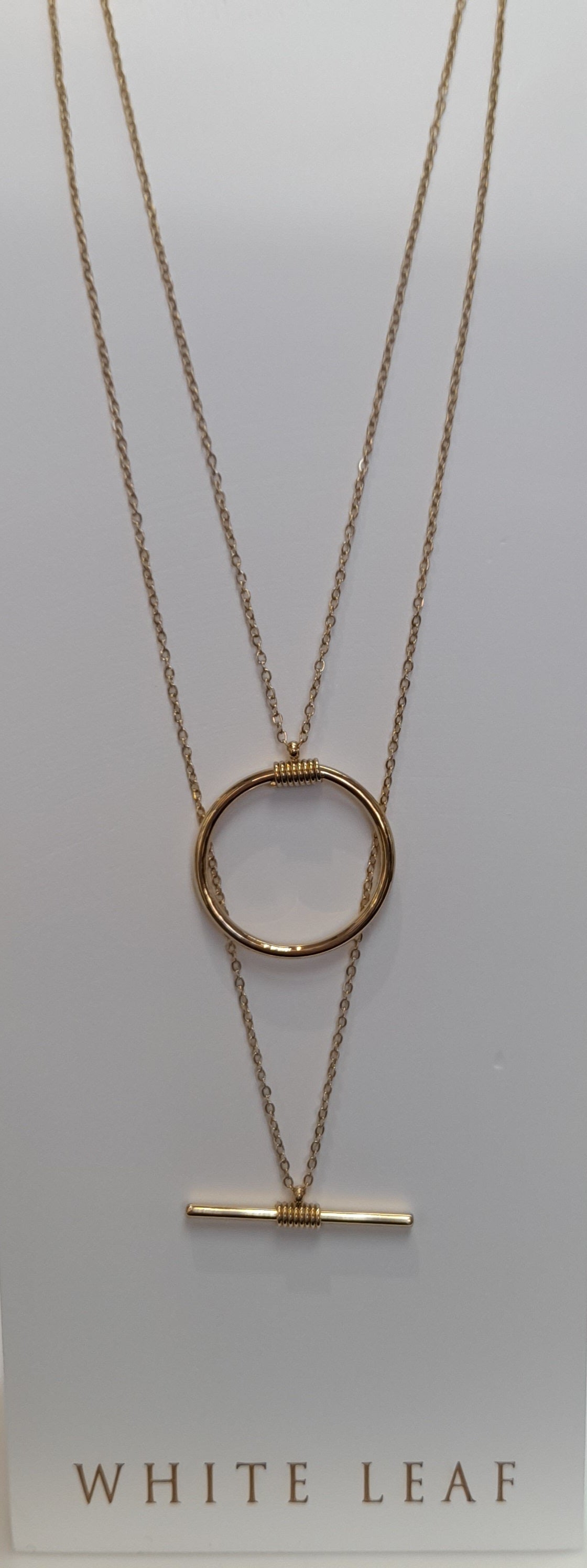 White Leaf Two Tier Circle and Bar Necklace in Gold