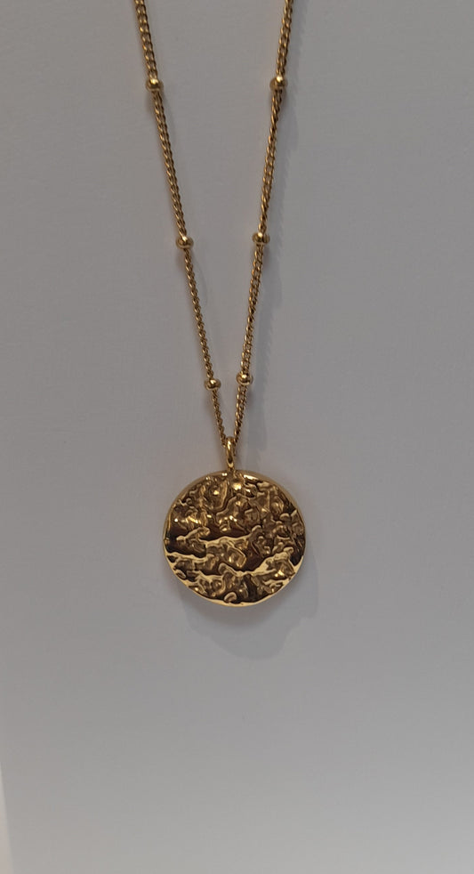 White Leaf Textured Disc Necklace in Gold