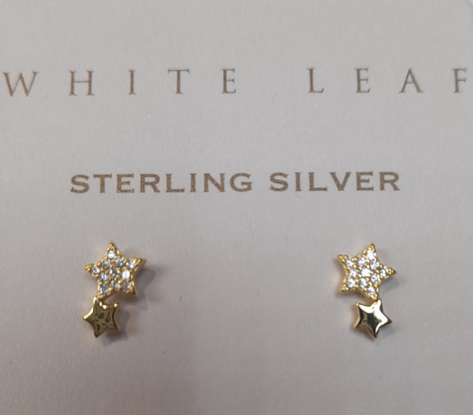 White Leaf Star Duo Earring in Gold-Plated Sterling Silver