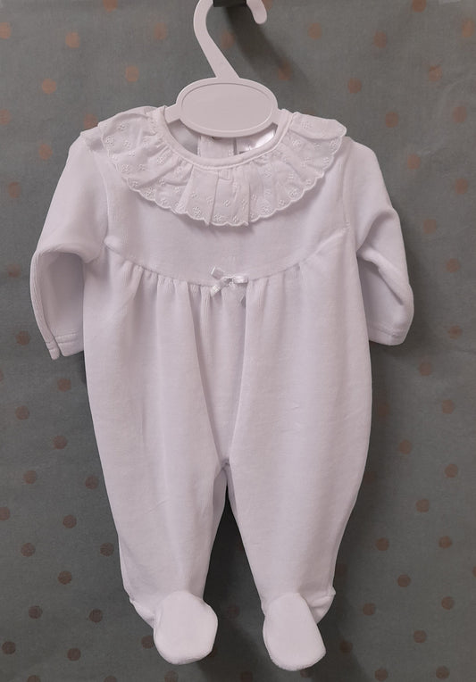 Babywear Velour Sleepsuit with Broderie Frill Collar, White