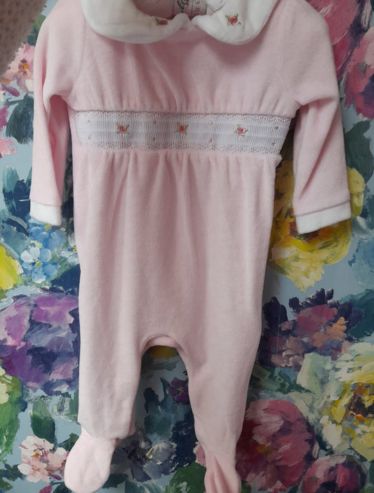 Babywear All-in-one, Pink Velour and Embroidered Rosebud