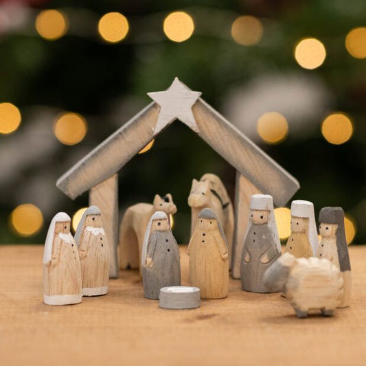 Christmas Hand Carved Wooden Nativity Set, Boxed.