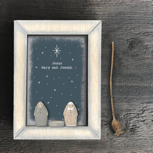 Boxed Frame Christmas Picture with Wooden Nativity - Jesus, Mary & Joseph