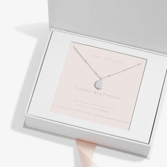 Joma Necklace, Sterling Silver Happy Birthday DISC CZ 46cm + 5cm Boxed