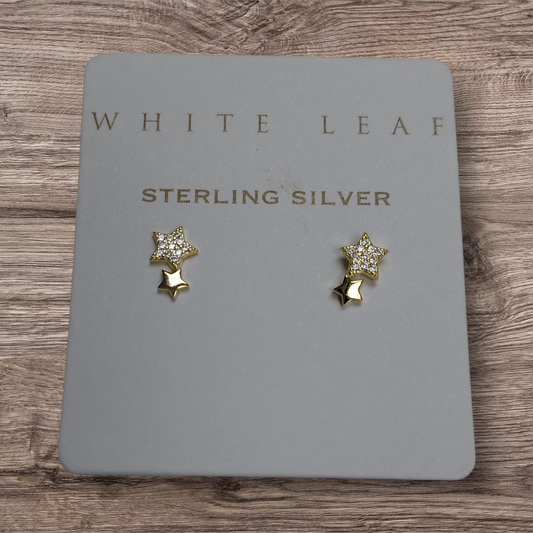 White Leaf Jewellery Pavé & Gold Star earrings in Gold finished Sterling-Silver
