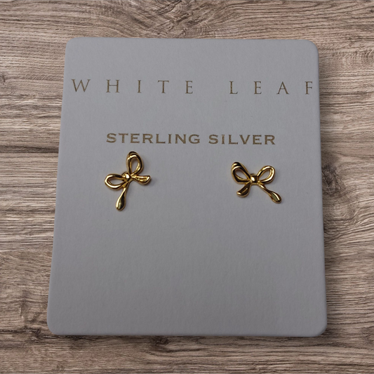 White Leaf Bow Earrings in Gold finished Sterling-Silver