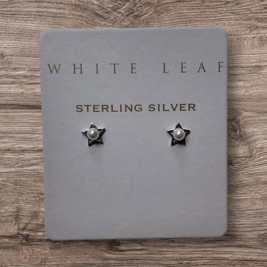 White Leaf Jewellery Sterling-Silver Tiny Star & Pearl Earrings