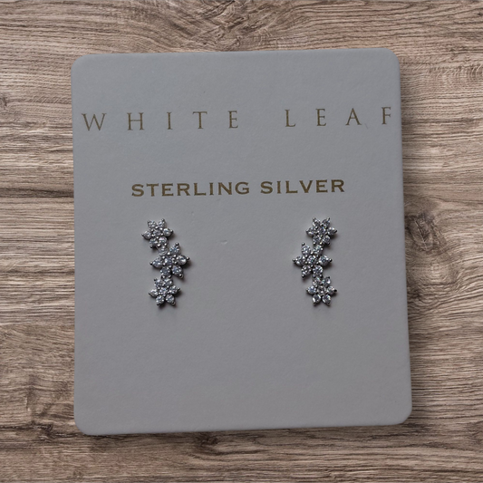 White Leaf Triple Flower CZ earrings in Sterling-Silver